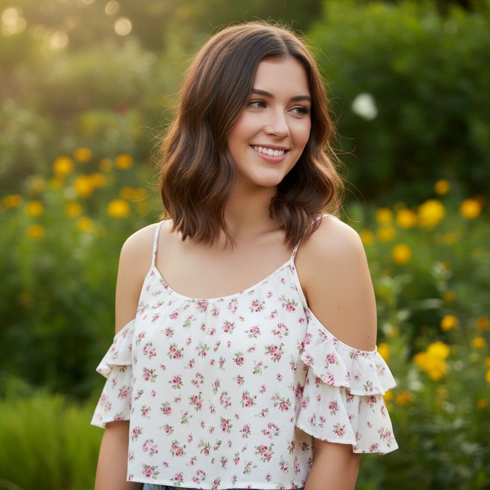 Women's Crop Top Cream Floral Ruffle Cottage Coquette Peasant‎ Fairy Y2K Boho M